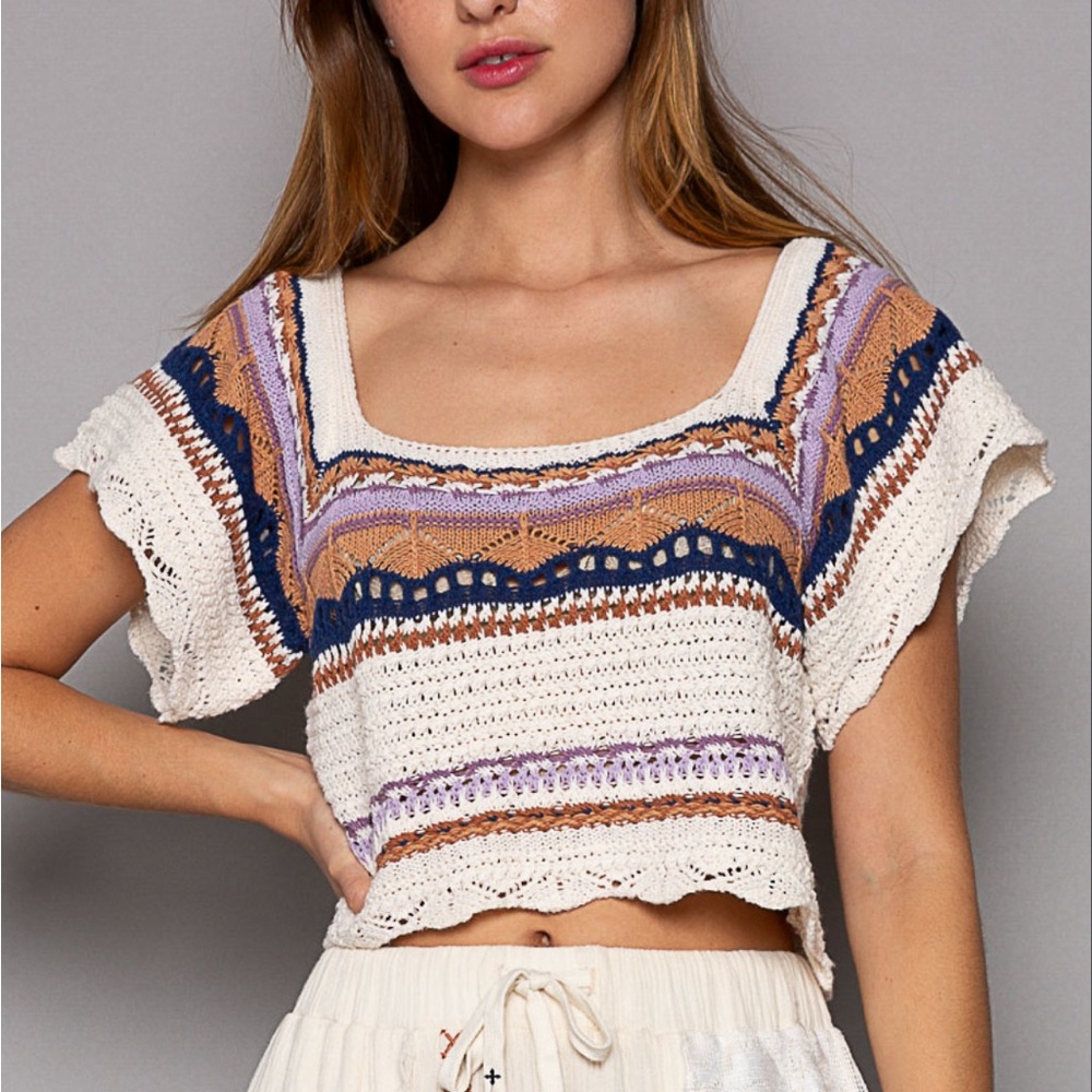 POL Cropped Knit Top in Cream, Navy, Lavender, and Tan
